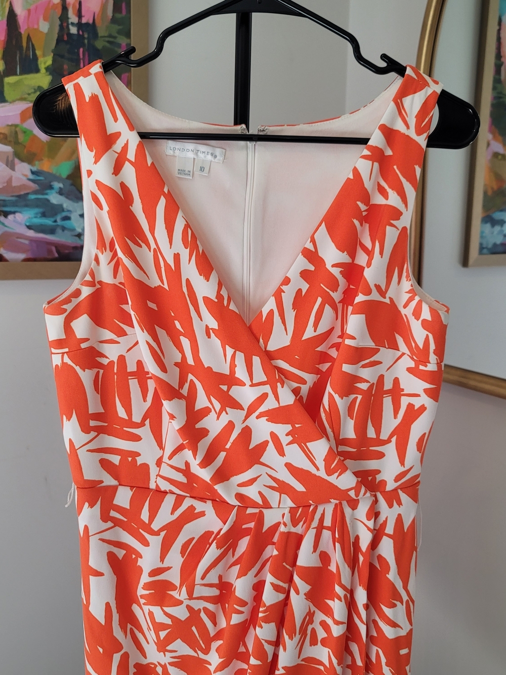 LONDON TIMES Orange and White Abstract Leaf Print Sleeveless Dress Size 10